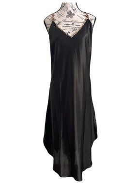 Natori Black Satin Slip Dress leopard trim asymmetrical Minimalist